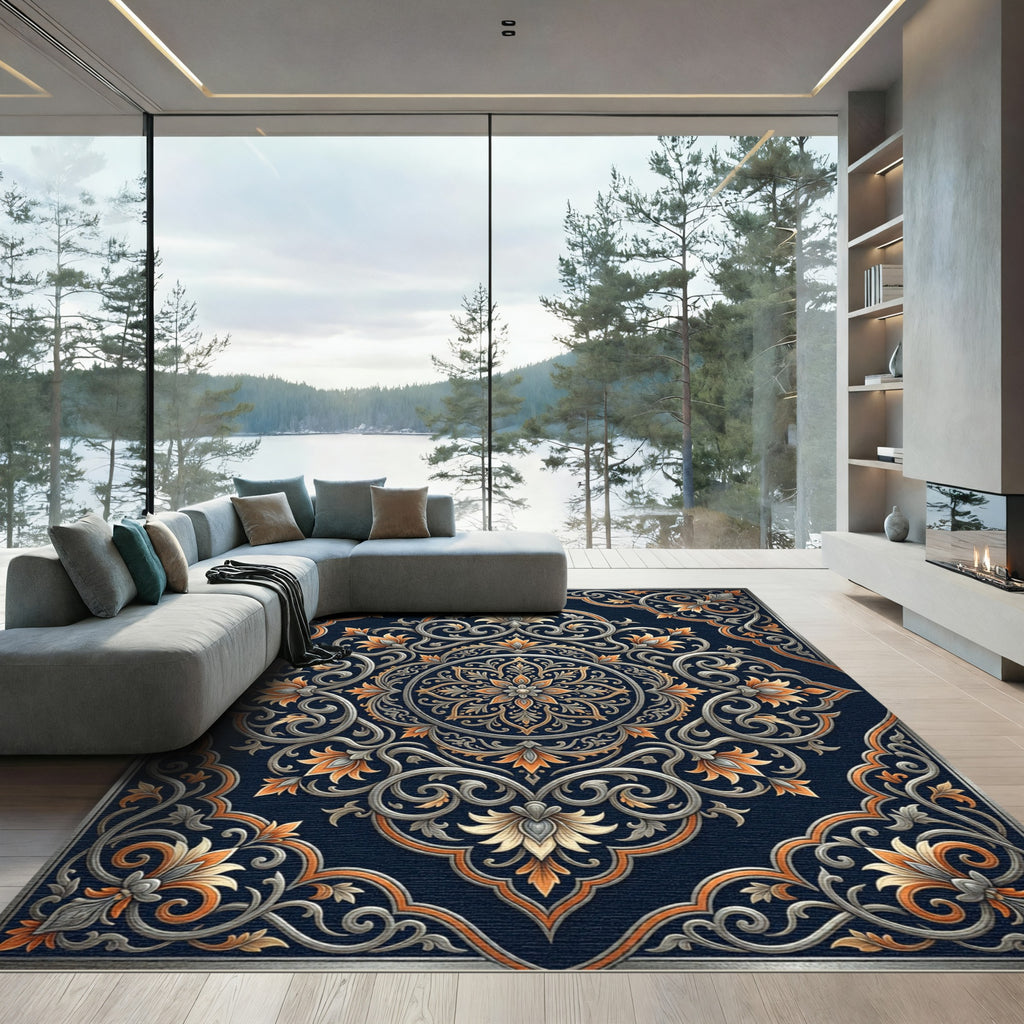 Elegant Navy Gold Floral Scroll Medallion Rug