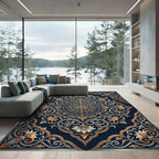 Elegant Navy Gold Floral Scroll Medallion Rug
