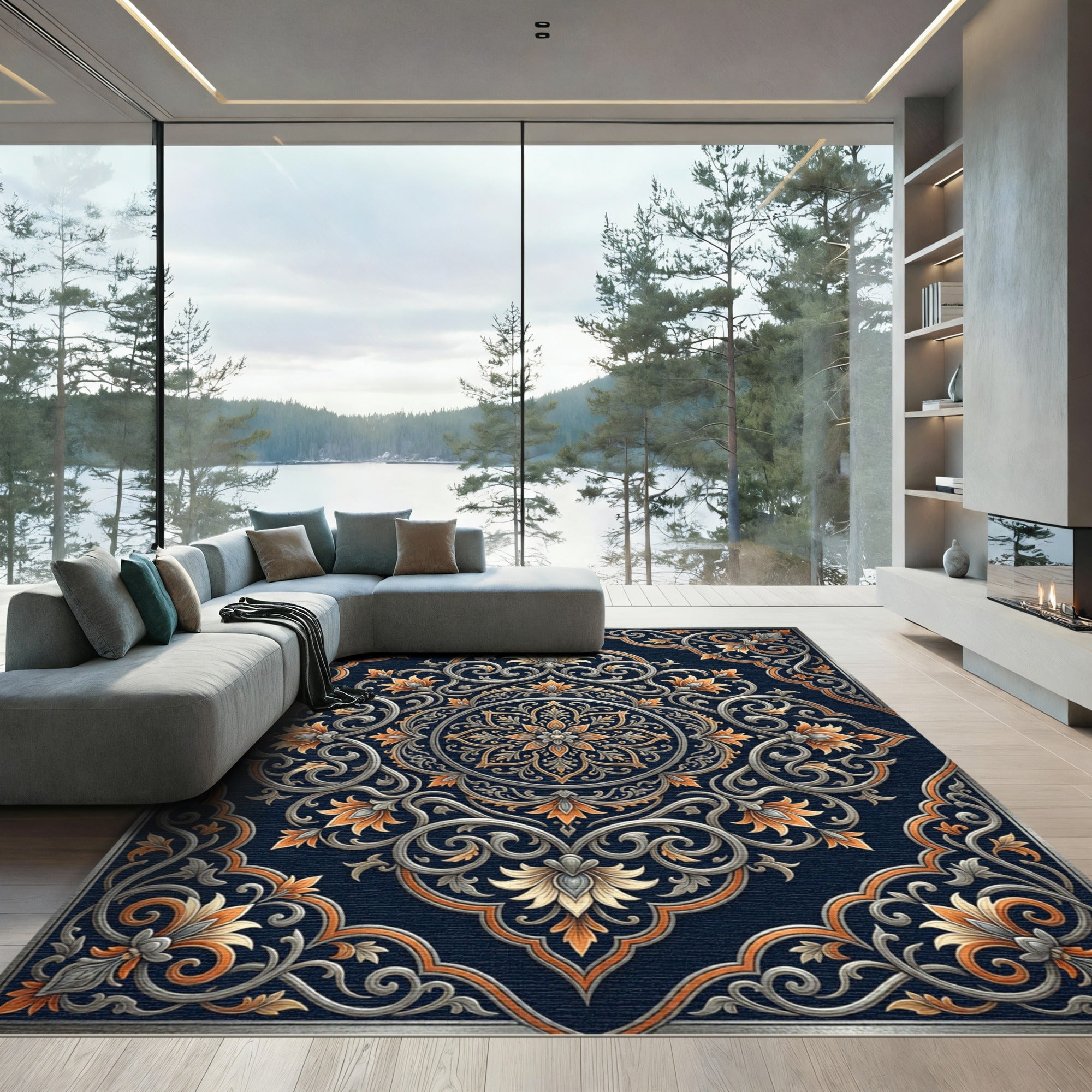 Elegant Navy Gold Floral Scroll Medallion Rug