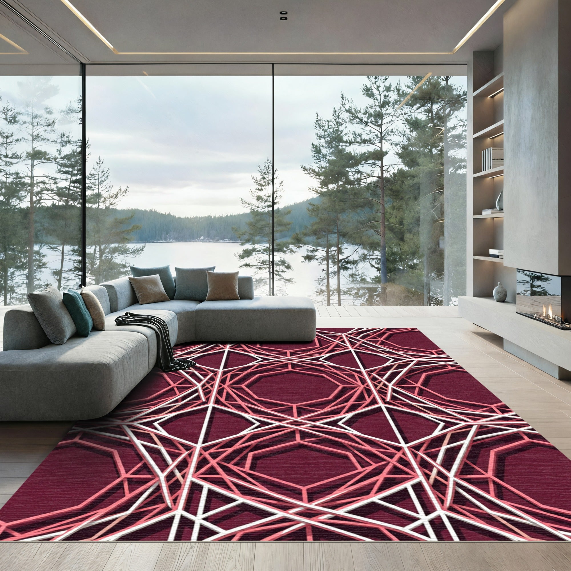 Modern Geometric Burgundy Hexagon Lattice Rug