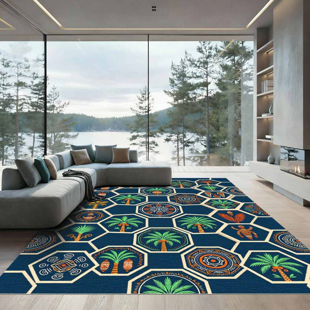 Navy Aztec Palm Geometric Hexagon Rug