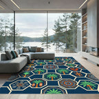Navy Aztec Palm Geometric Hexagon Rug