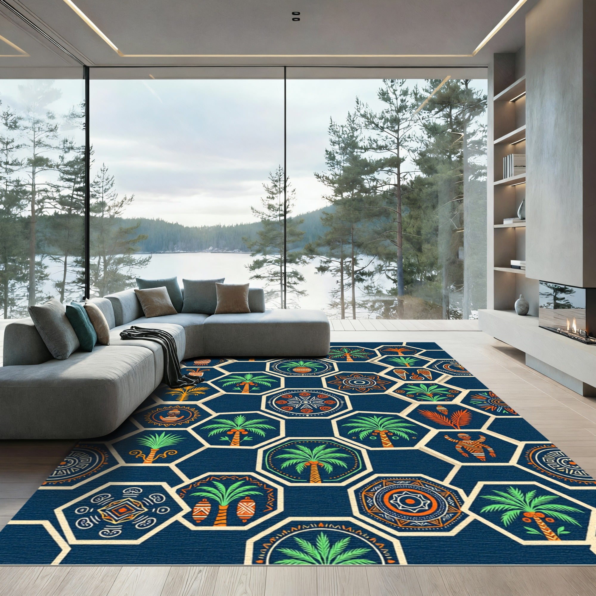 Navy Aztec Palm Geometric Hexagon Rug
