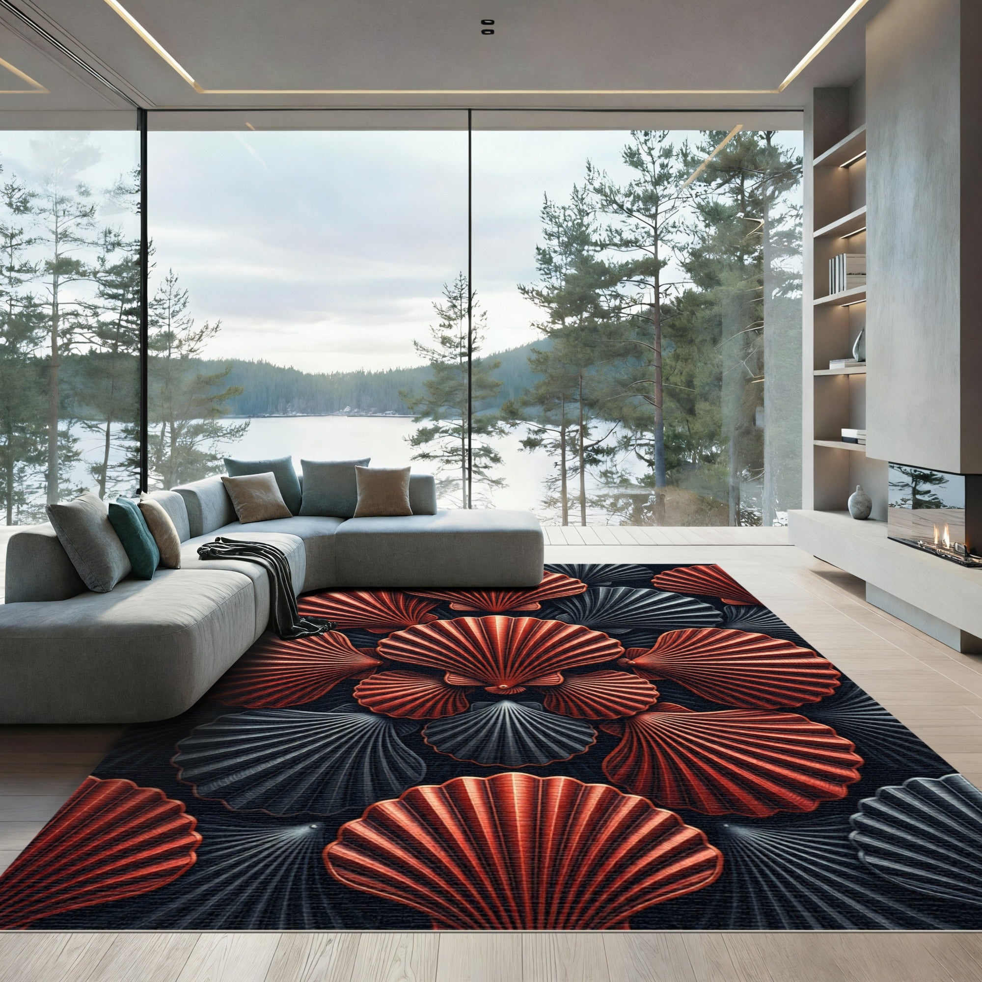 Crimson Grey Shell Collage Statement Rug