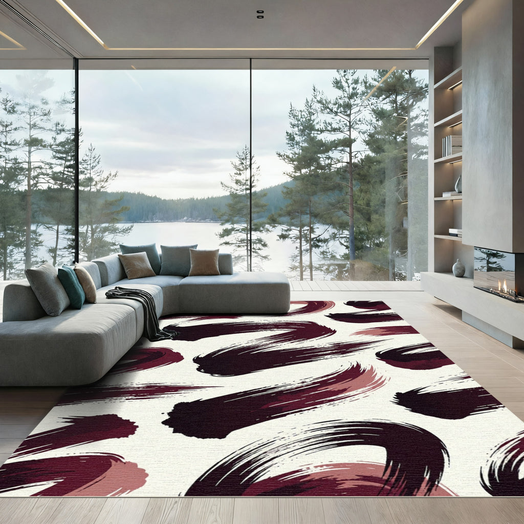 Modern Abstract Burgundy Brush Stroke Rug