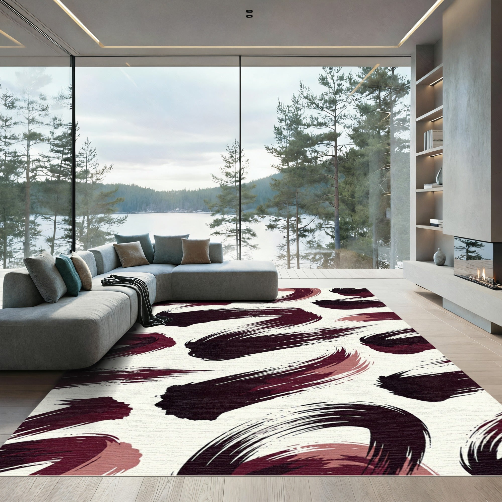Modern Abstract Burgundy Brush Stroke Rug