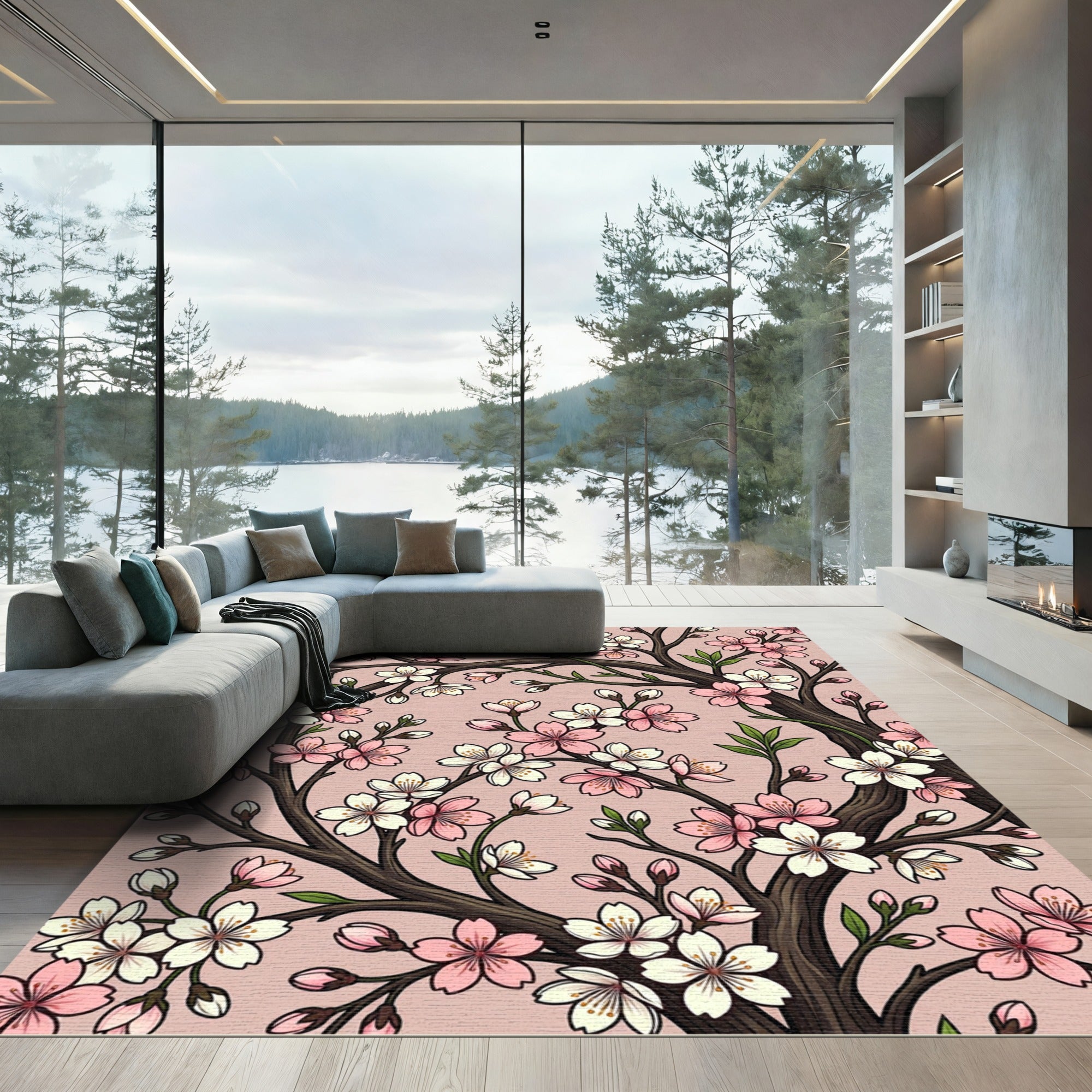 Blossoming Pink White Cherry Tree Branches Rug