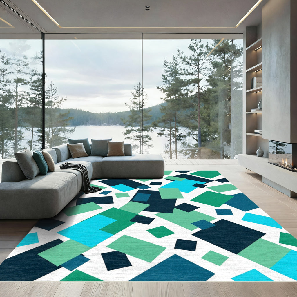 Abstract Geometric Teal and Navy Rectangles Rug