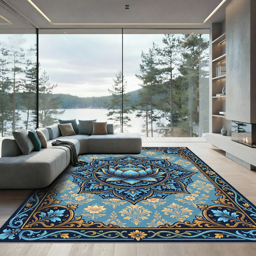 Blue Golden Lotus Mandala Rug