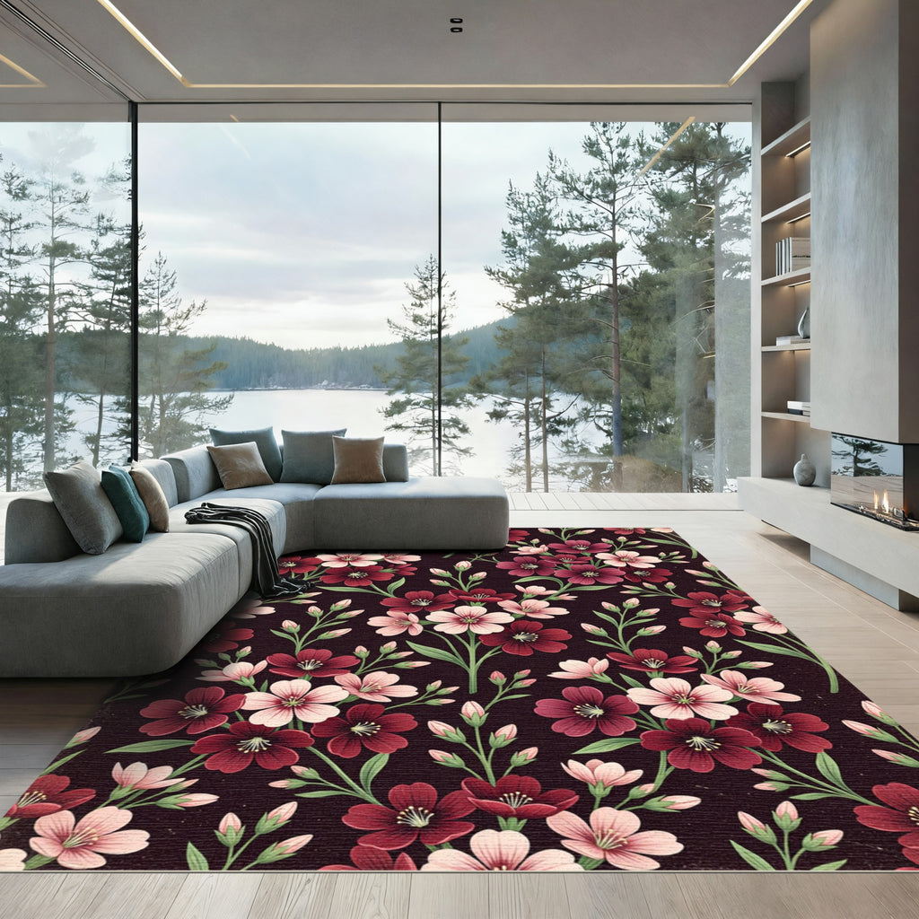 Rich Crimson Pink Floral Blossom Rug