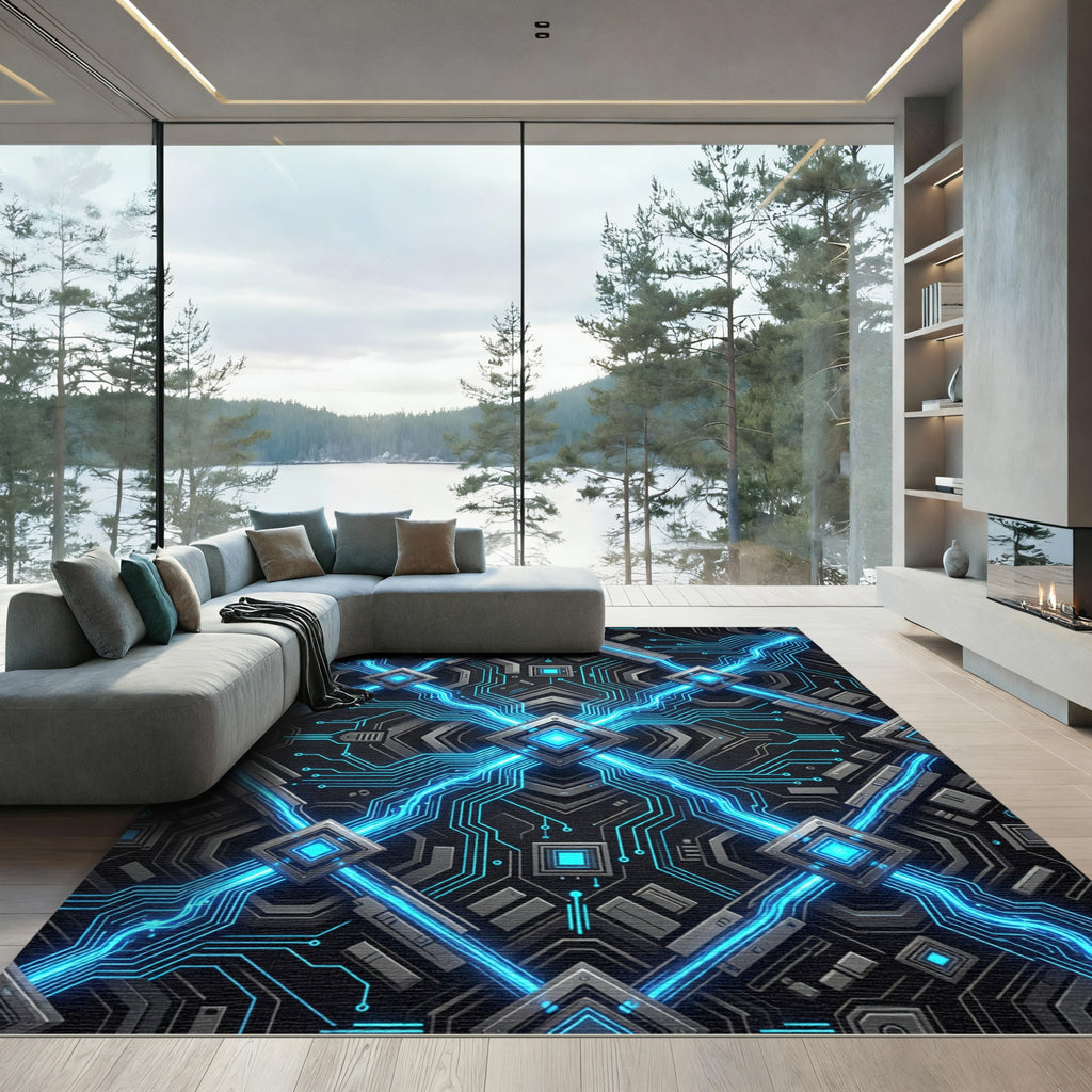 Luminous Neon Cyber Circuit Grid Rug