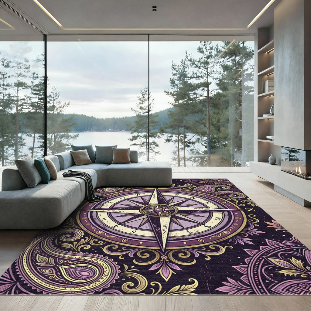 Ornate Purple Paisley Compass Medallion Rug