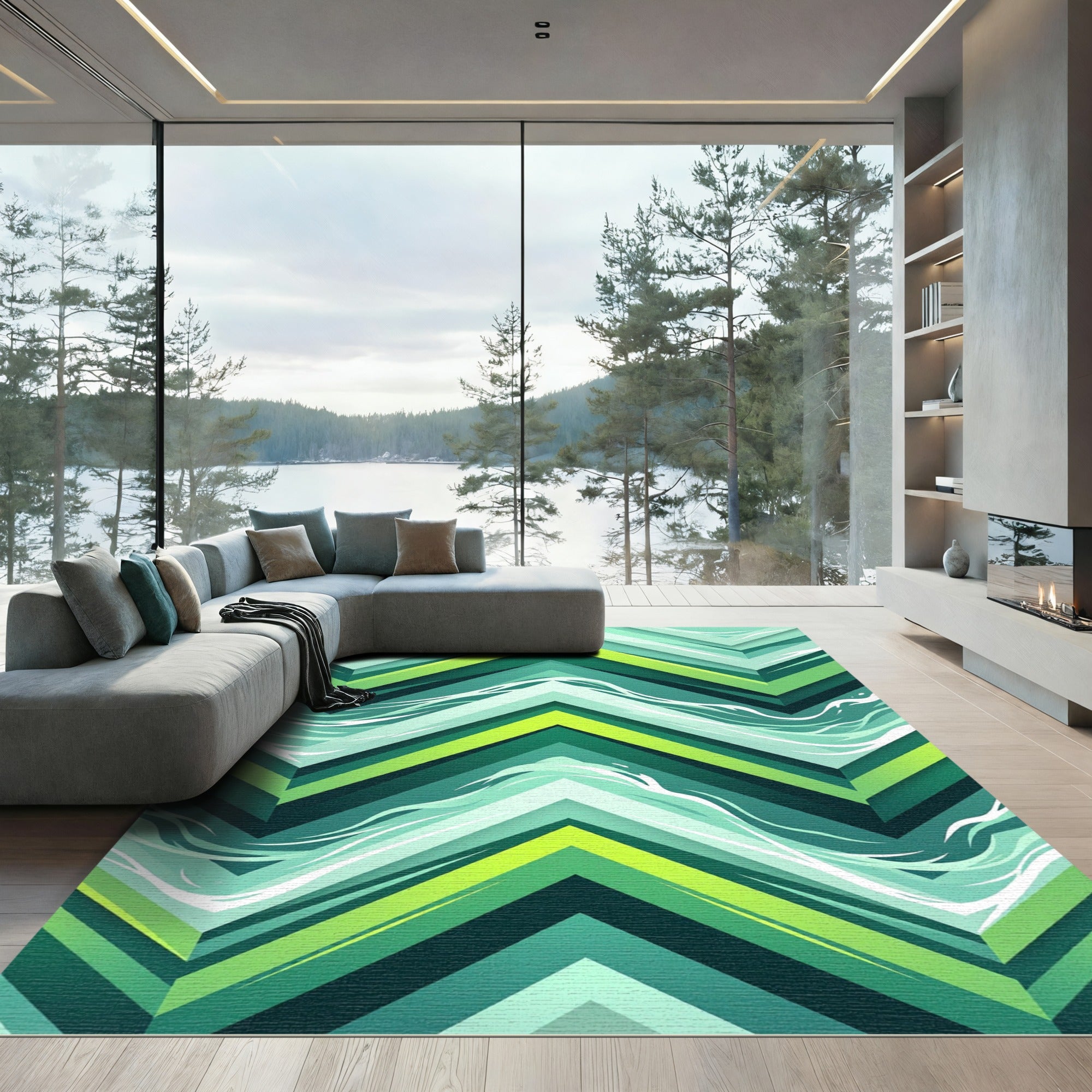 Vibrant Emerald Green Wavy Chevron Rug