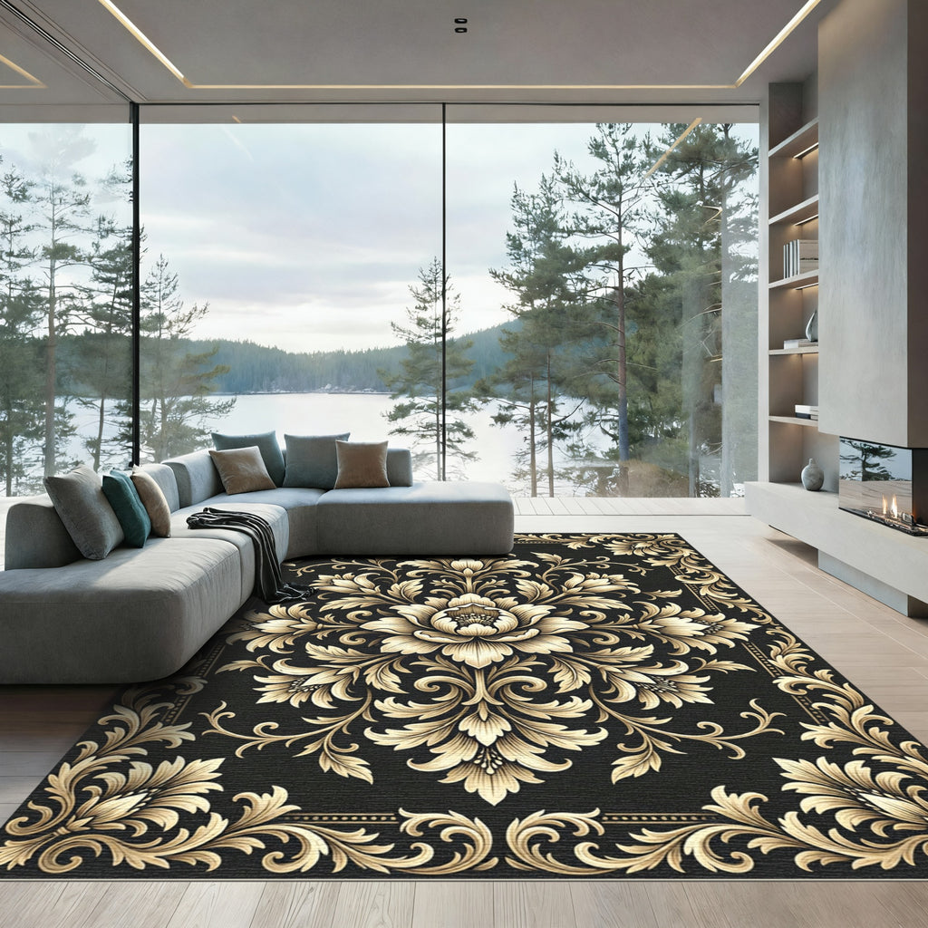 Elegant Gold Damask Black Floral Medallion Rug