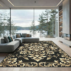 Elegant Gold Damask Black Floral Medallion Rug