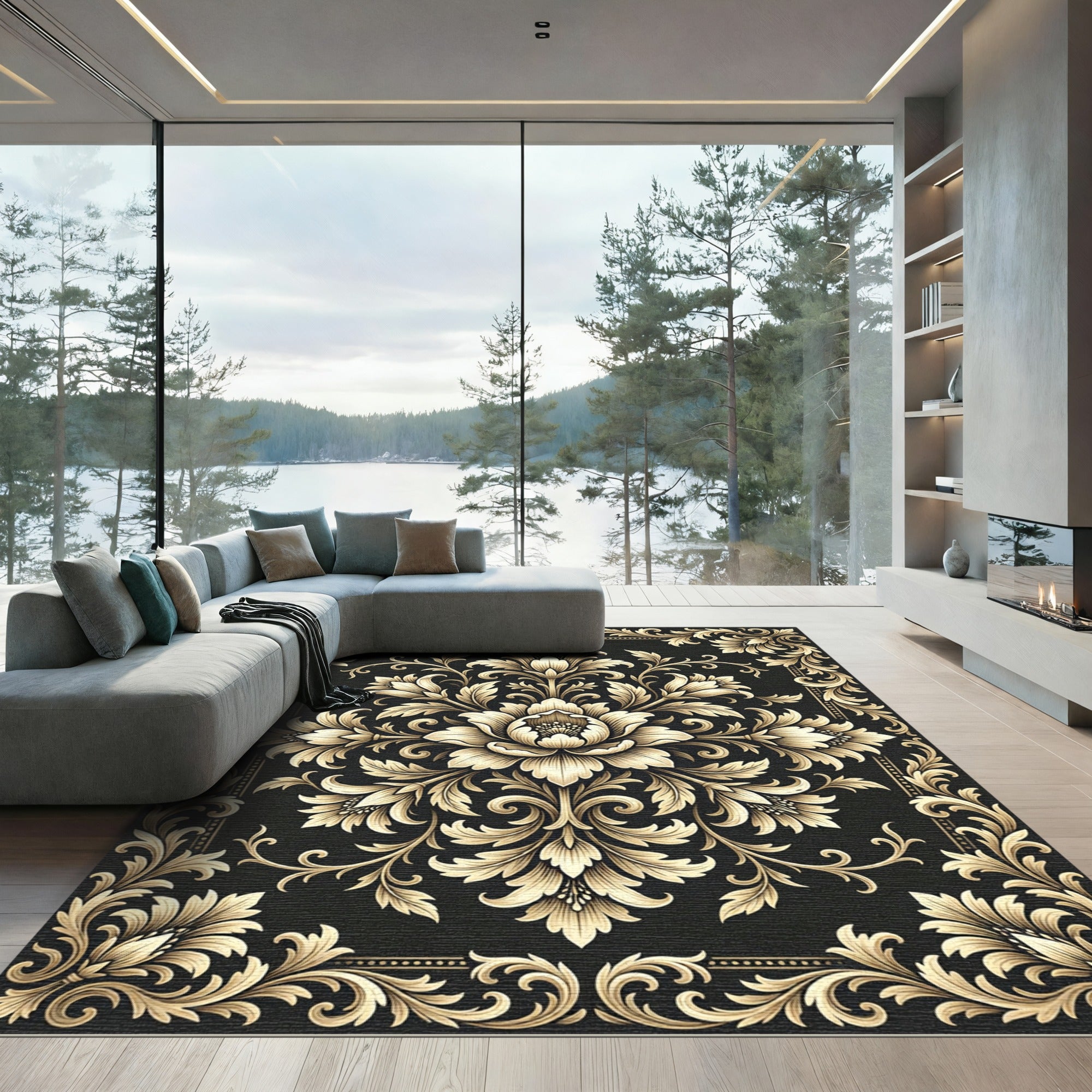 Elegant Gold Damask Black Floral Medallion Rug