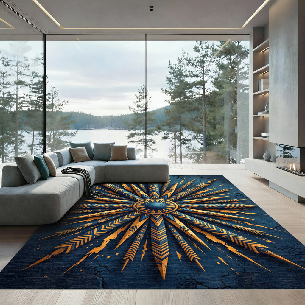 Golden Celestial Sunburst Navy Medallion Rug
