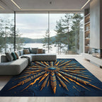 Golden Celestial Sunburst Navy Medallion Rug