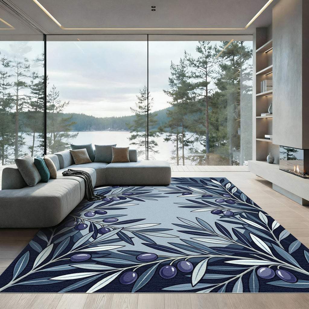 Dark Blue Olive Branches Composition Rug
