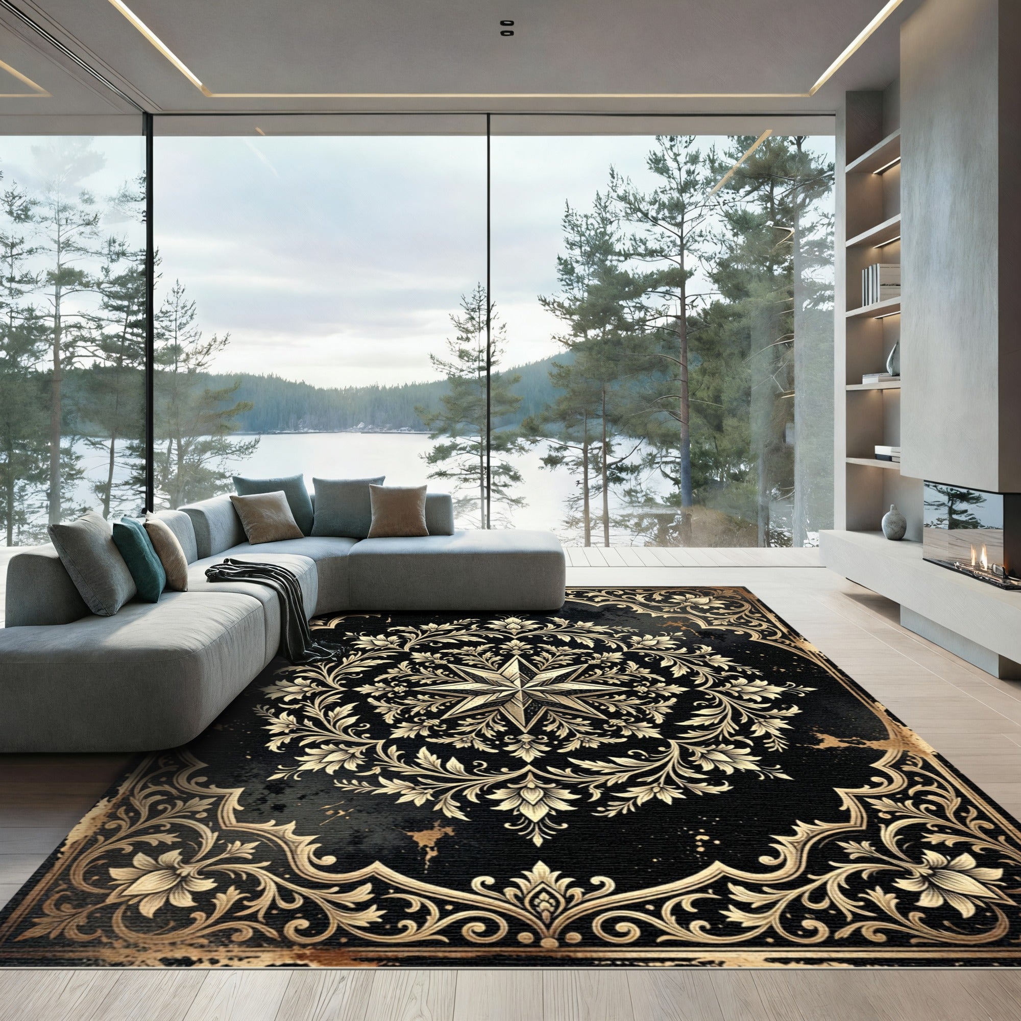 Gilded Celestial Star Floral Medallion Rug