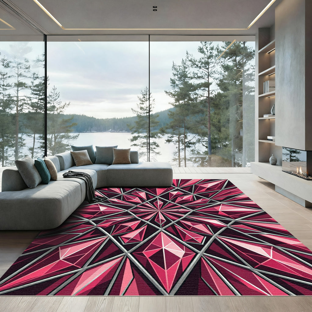 Faceted Ruby Gemstone Geometric Mosaic Rug