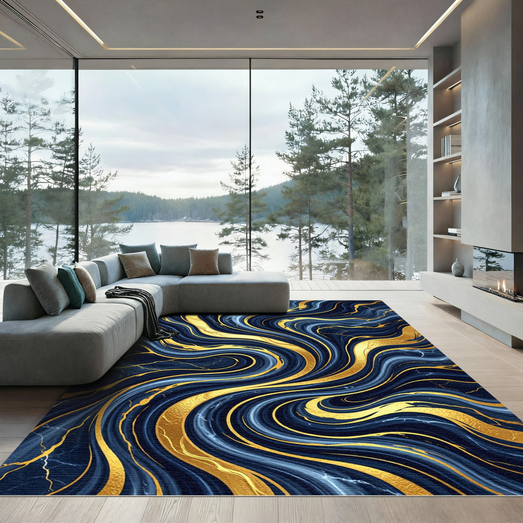 Luxury Navy Blue Golden Marbled Swirl Rug