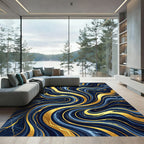 Luxury Navy Blue Golden Marbled Swirl Rug