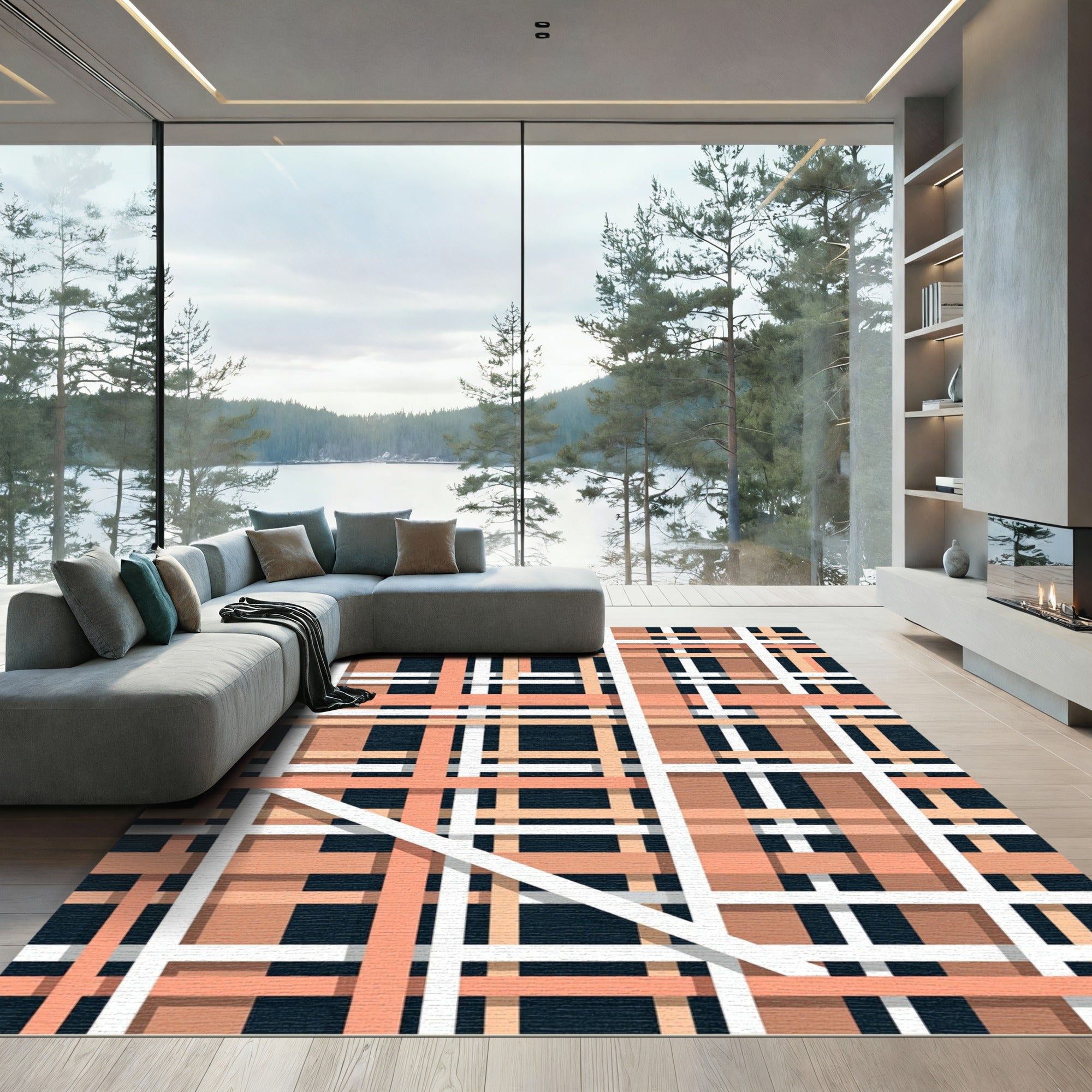 Modern Coral White Plaid Lines Rug