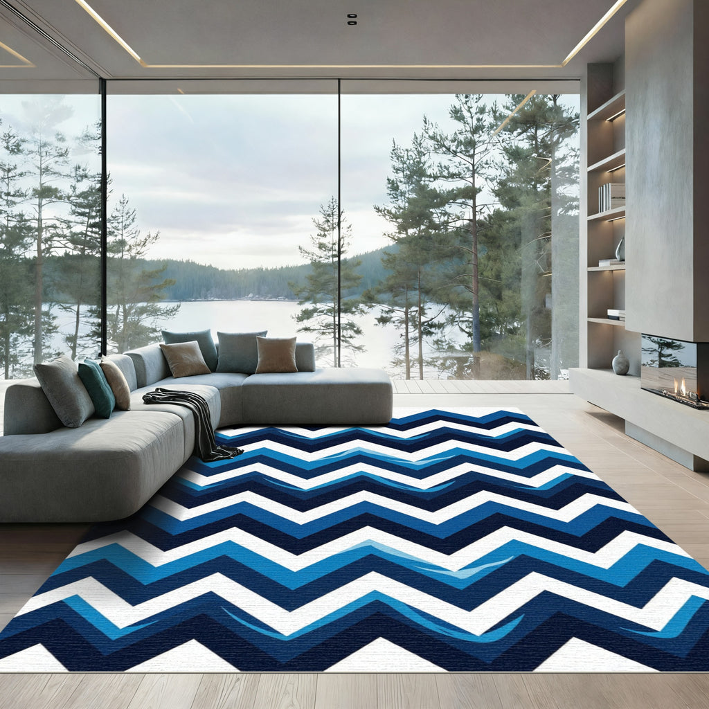 Bold Navy and Azure Chevron Zigzag Rug