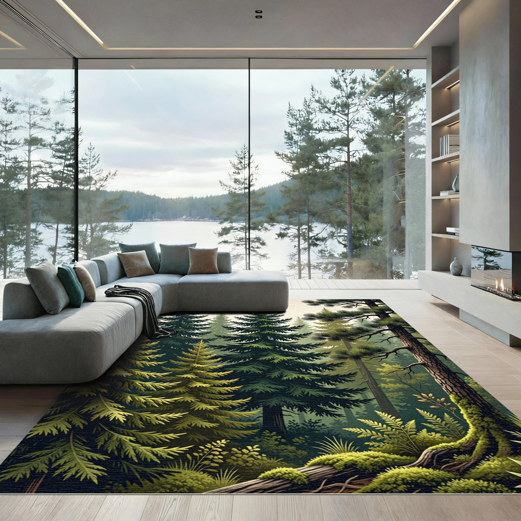 Lush Green Pine Forest Landscape Rug