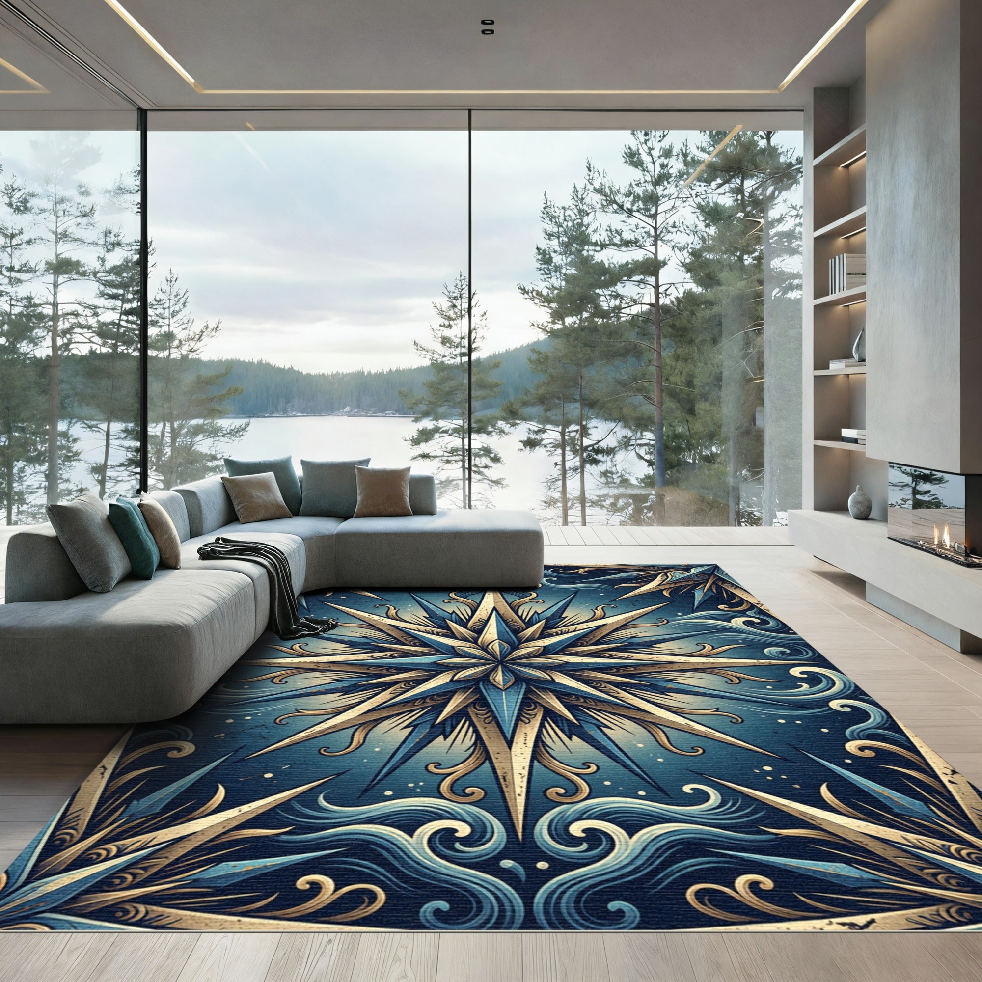 Celestial Blue Gold Starburst Medallion Rug
