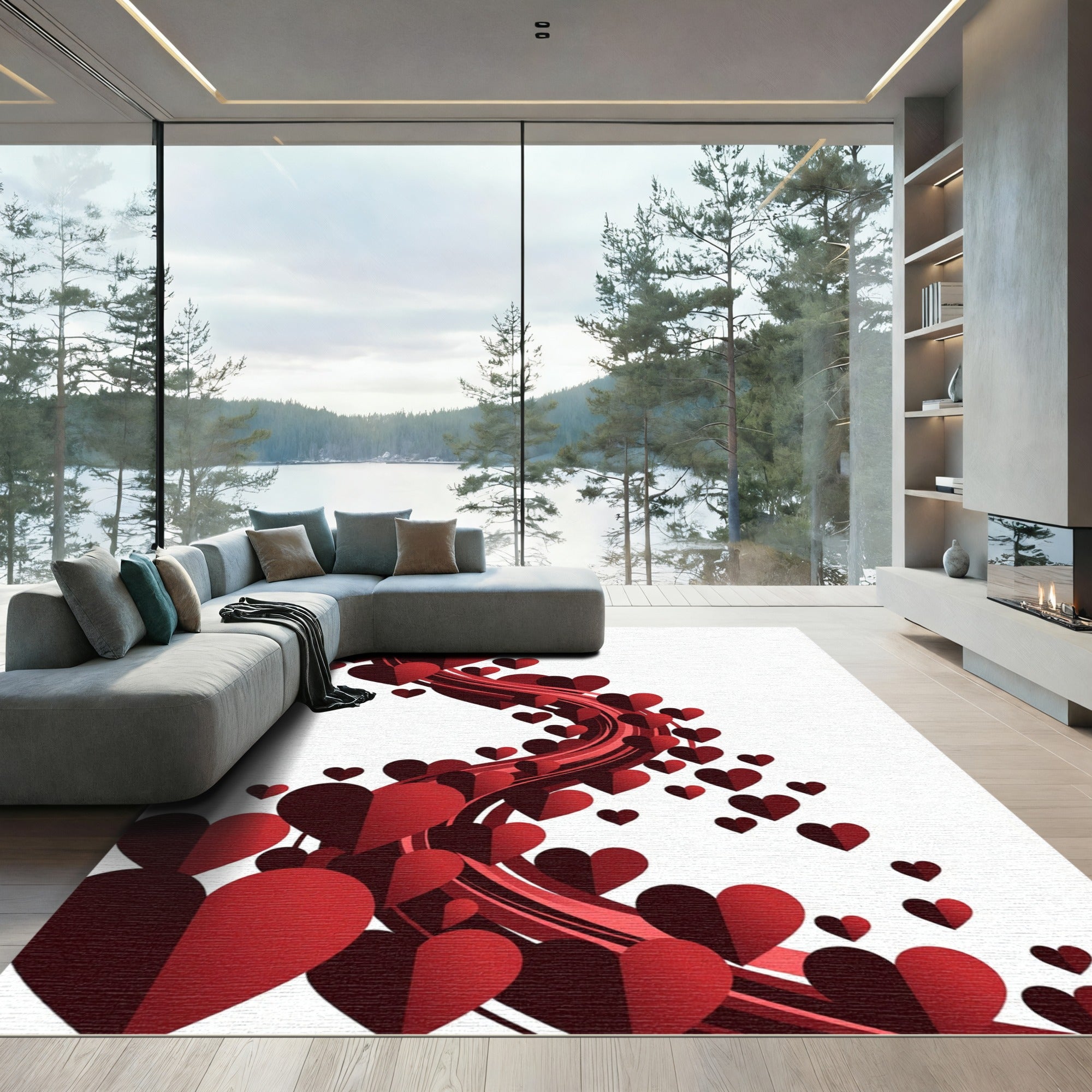 Cascading Crimson Hearts Fluid Ribbon Rug