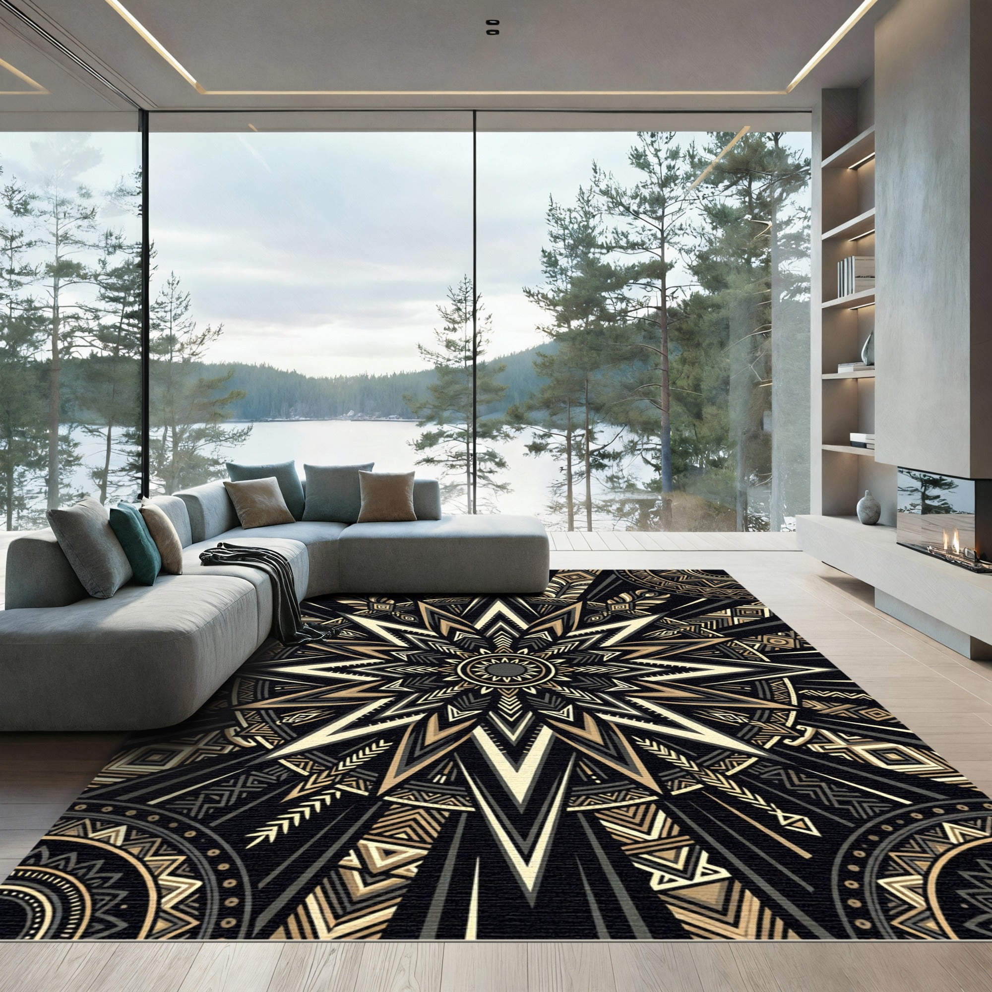 Gold Black Geometric Astral Star Medallion Rug