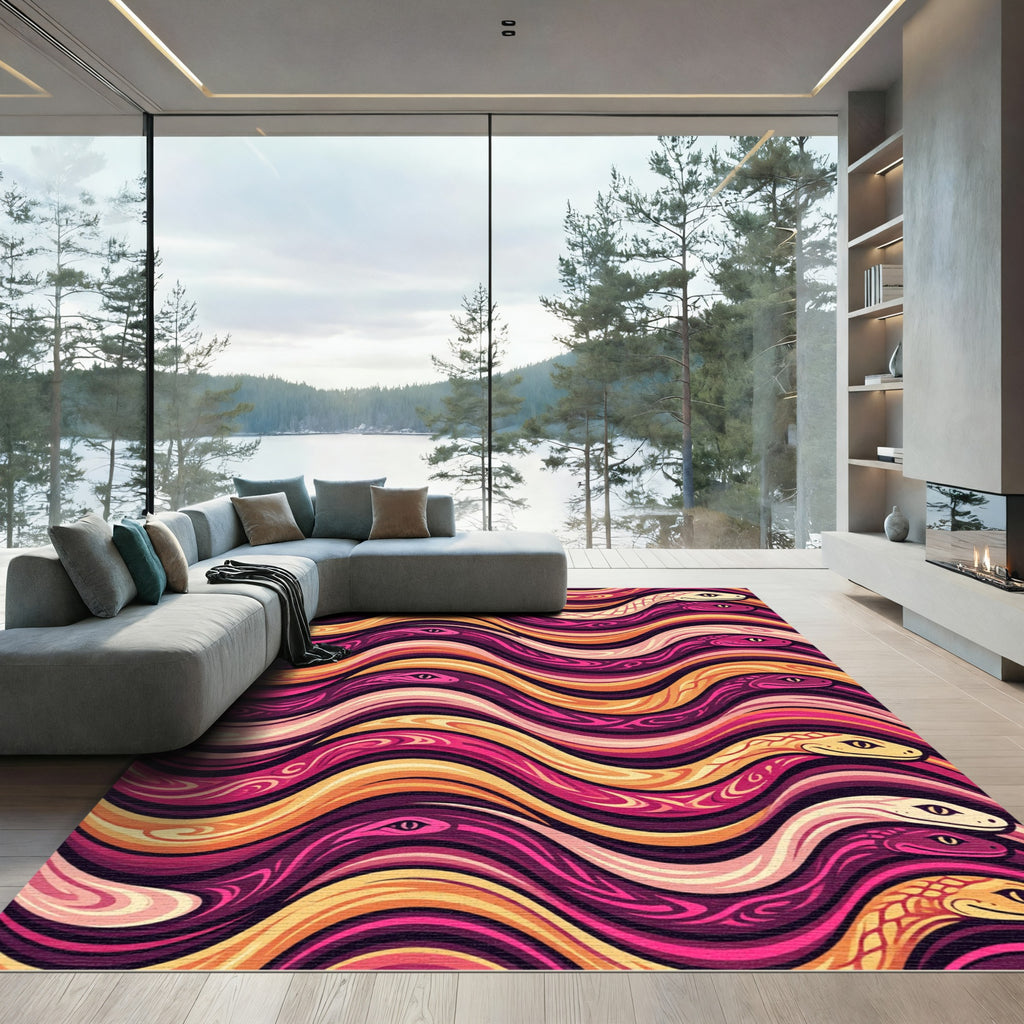 Vibrant Serpentine Waves Pink Yellow Rug