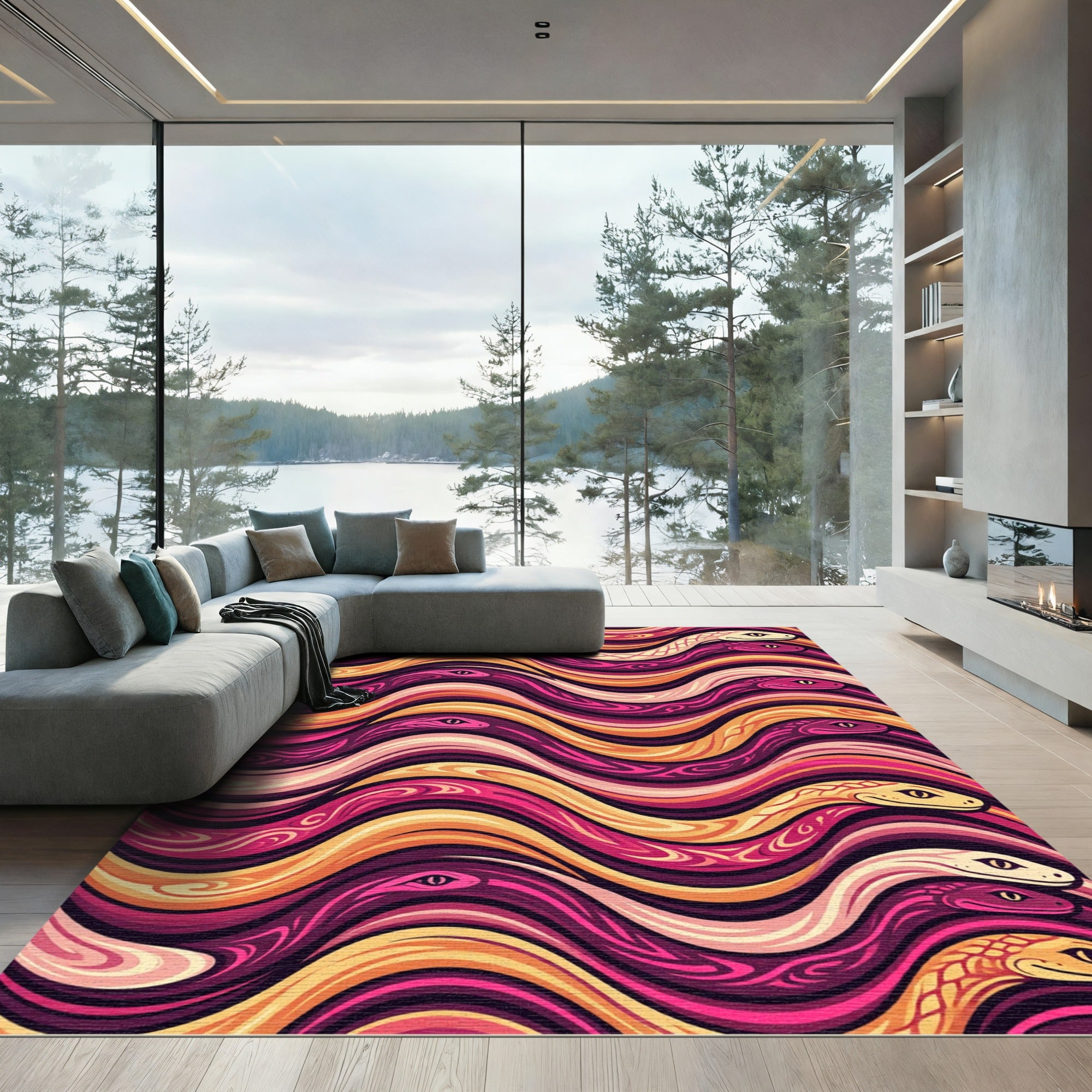 Vibrant Serpentine Waves Pink Yellow Rug