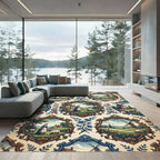 Pastoral Countryside Scene Floral Frame Rug