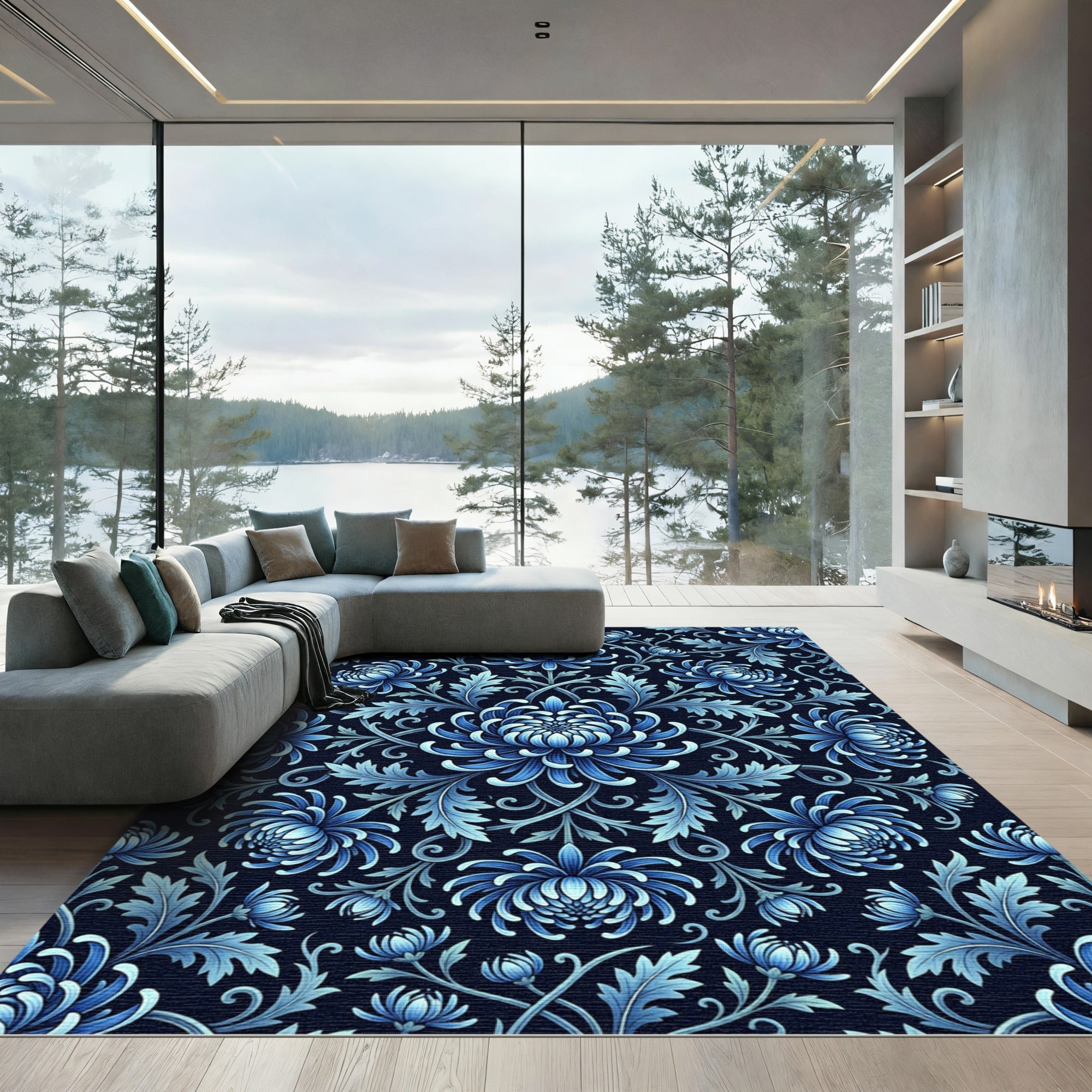 Elegant Blue Chrysanthemum Floral Symmetry Rug