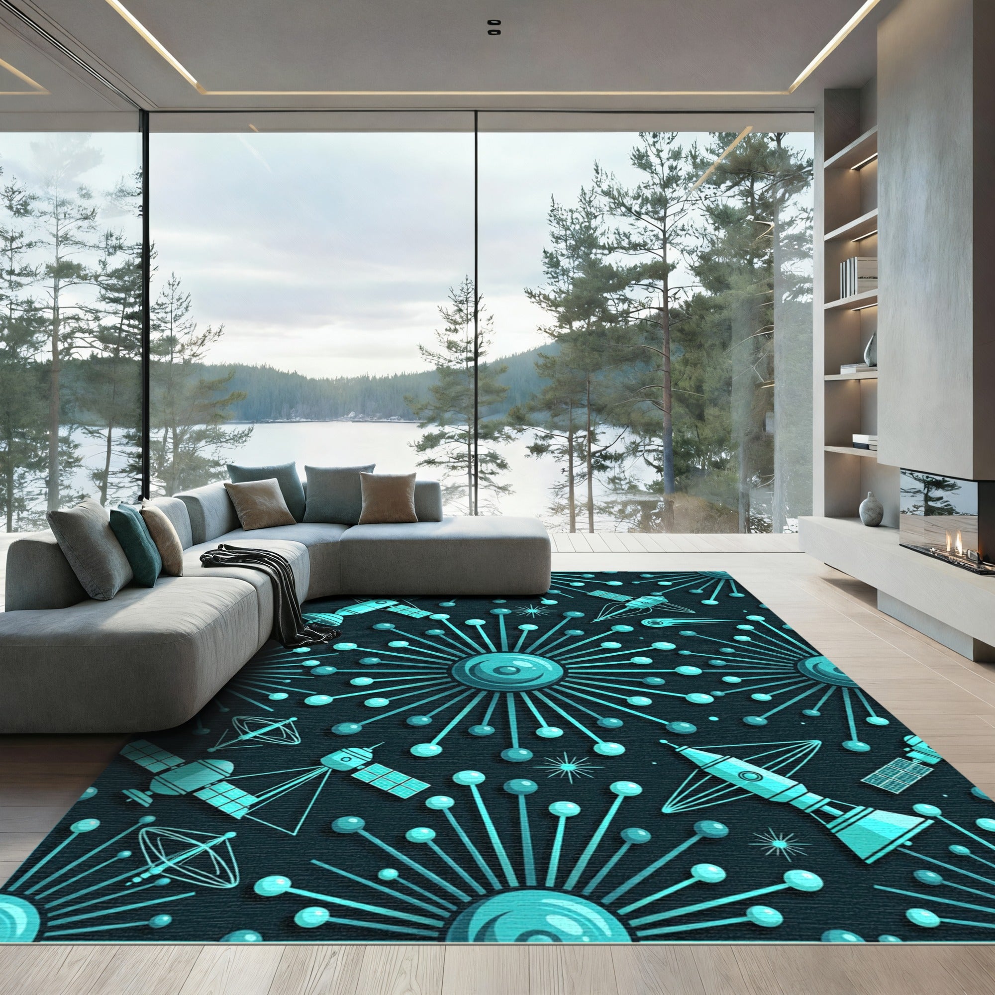 Retro Atomic Teal Spacecraft Collection Rug