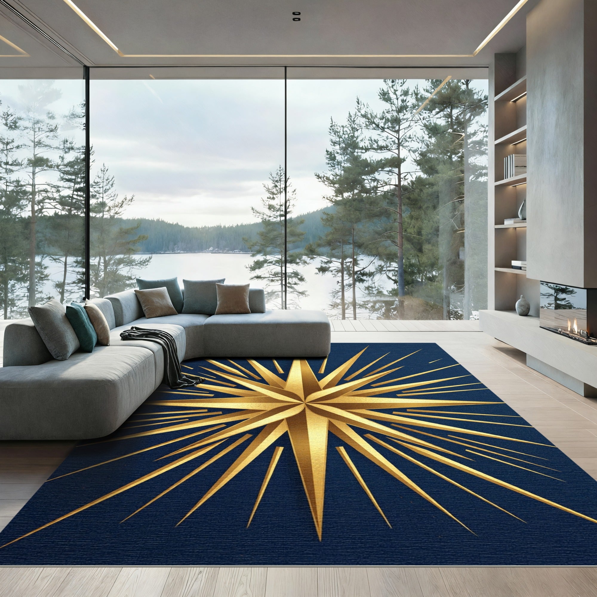 Minimalist Golden Starburst Navy Rug