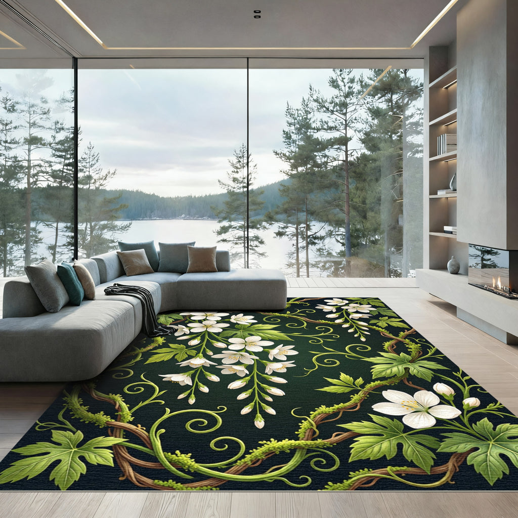 White Blossom Vine Botanical Art Rug