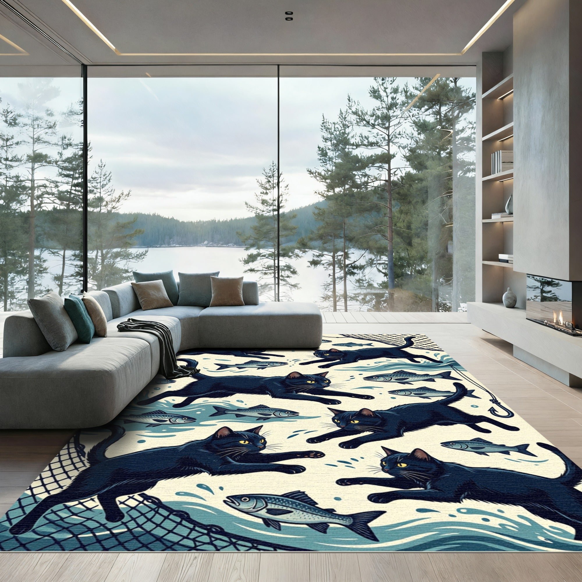 Playful Black Cats Chasing Fish Rug