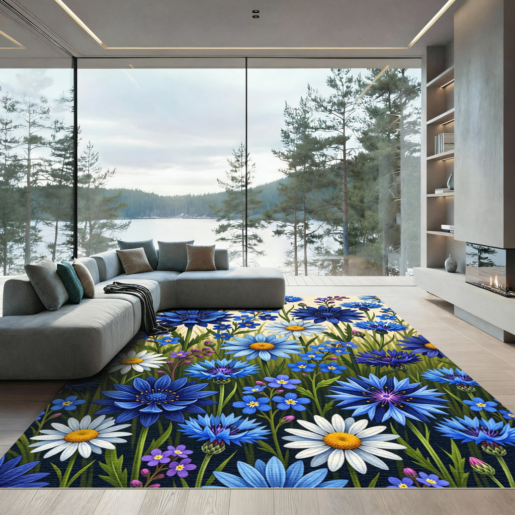Vibrant Blue Cornflower and Daisy Meadow Rug