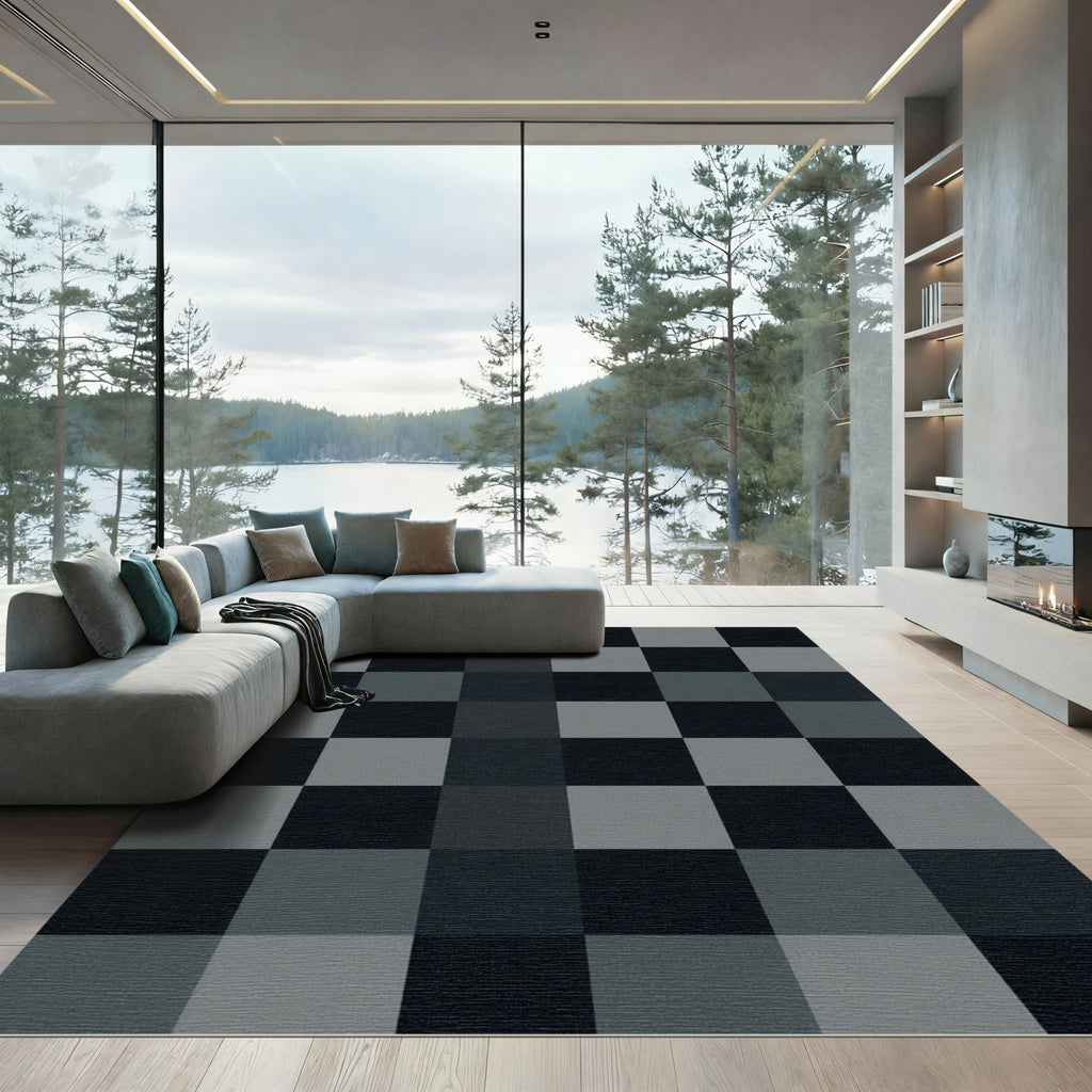 Modern Charcoal and Slate Grid Rug