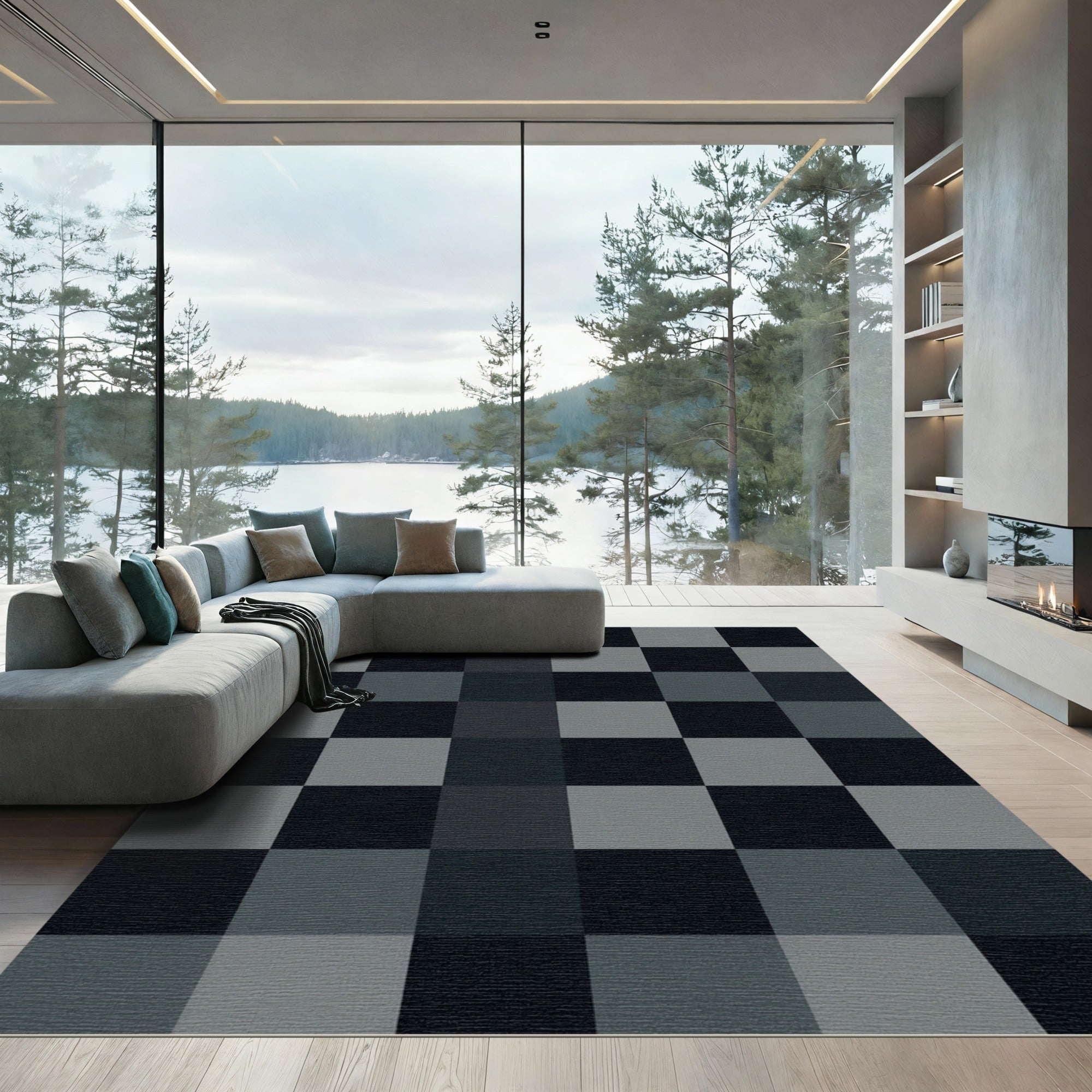 Modern Charcoal and Slate Grid Rug