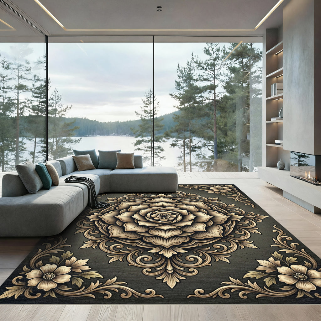 Ornate Golden Floral Medallion Scroll Rug
