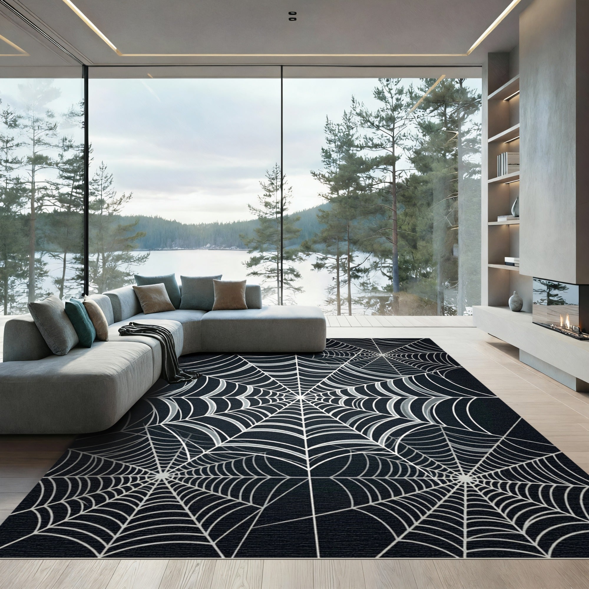 Gray White Webbed Radial Arrangement Rug