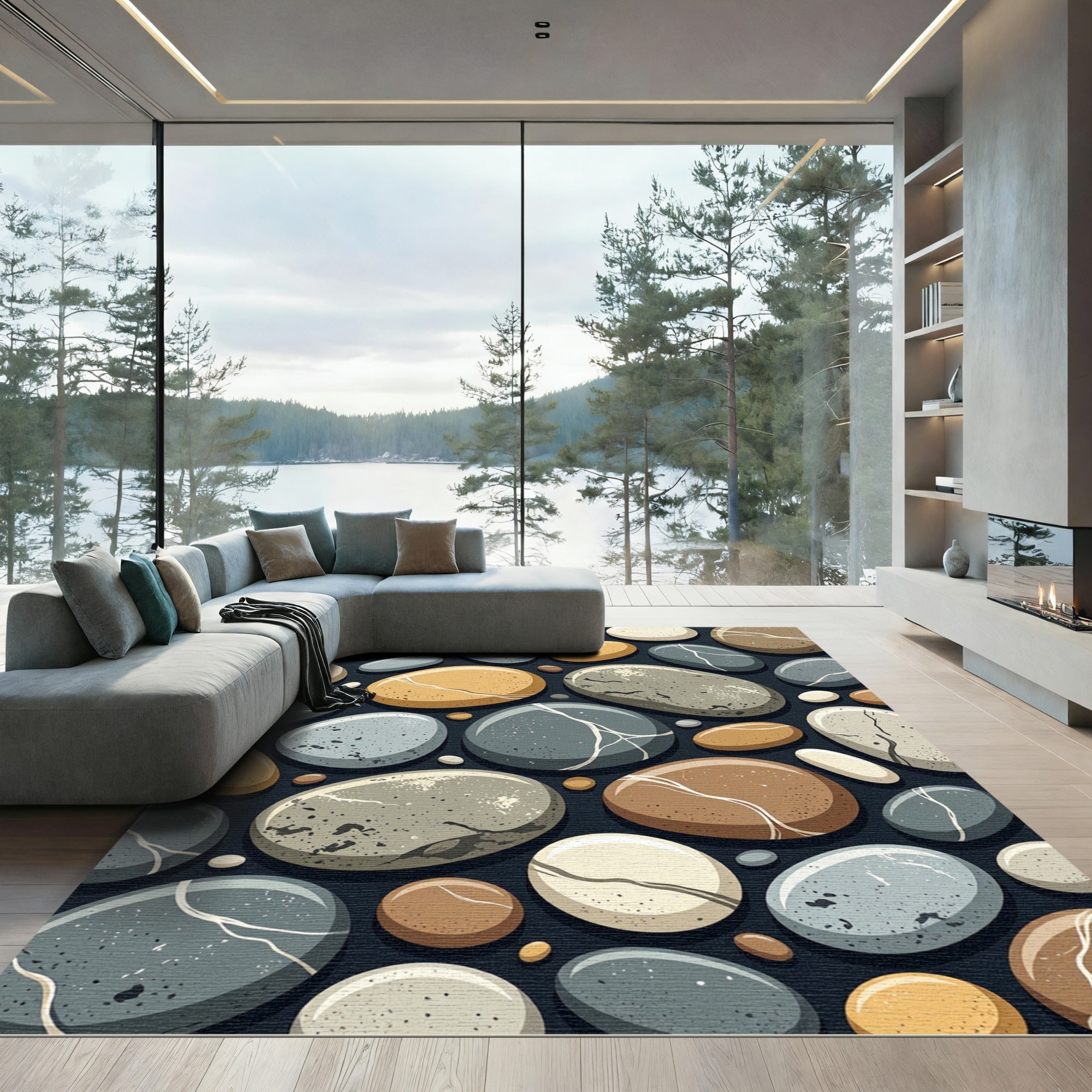 Earth Tone Smooth River Stone Rug