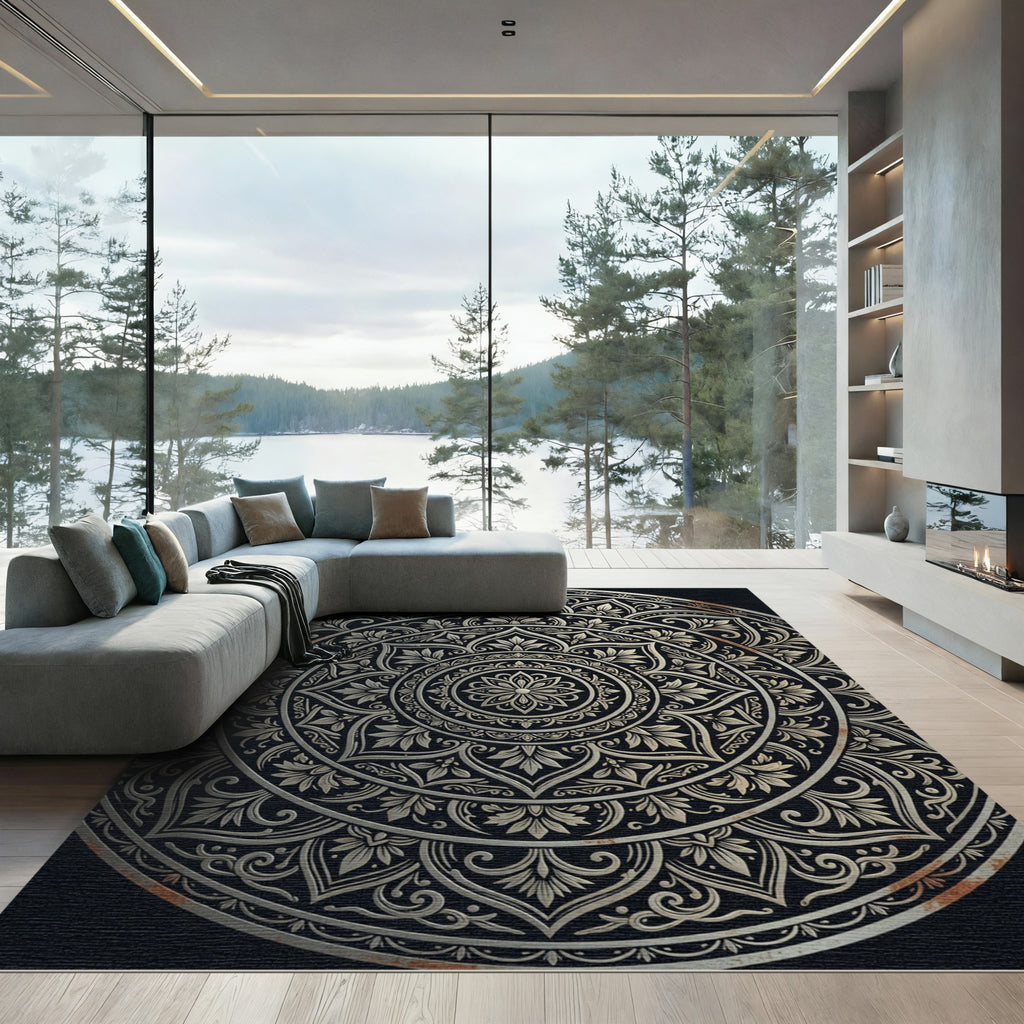 Ornate Metallic Silver Floral Medallion Rug