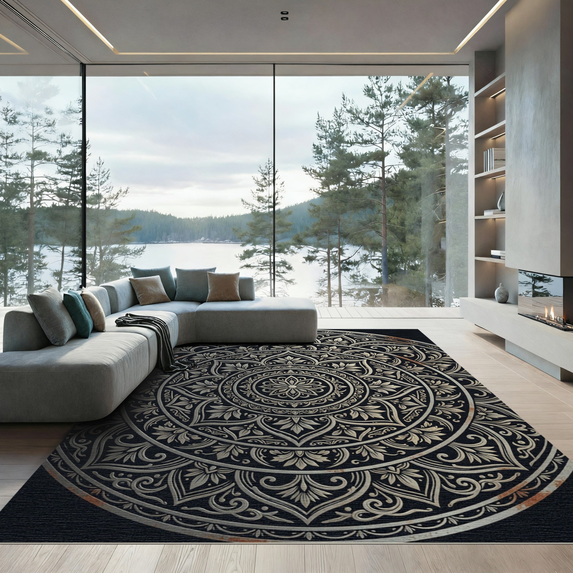 Ornate Metallic Silver Floral Medallion Rug