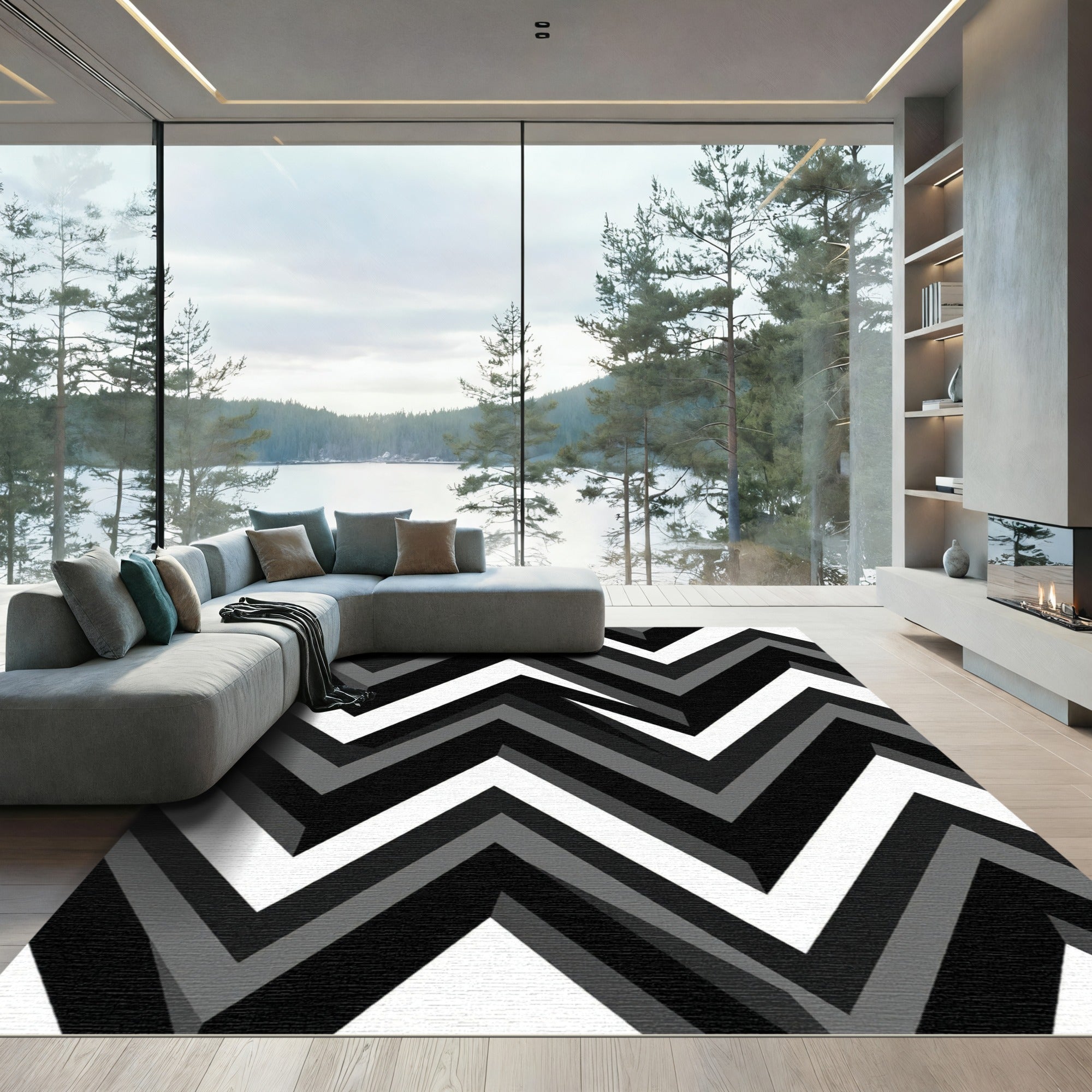 Modern Monochrome Geometric Zigzag Rug